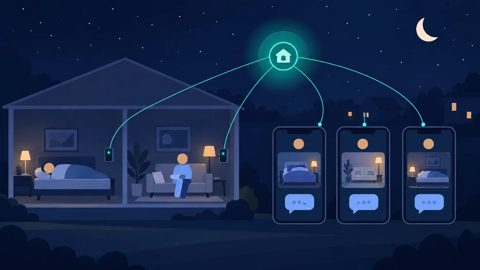 Illustration of a cutaway home where family members use their phones to stay connected
