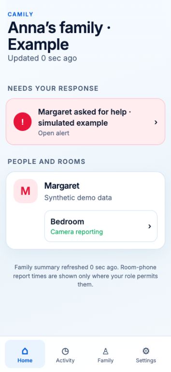 Actual Camily browser app with fictional family room status and a simulated alert